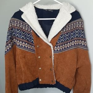 Geometric chevron spliced fluffy hooded jacket